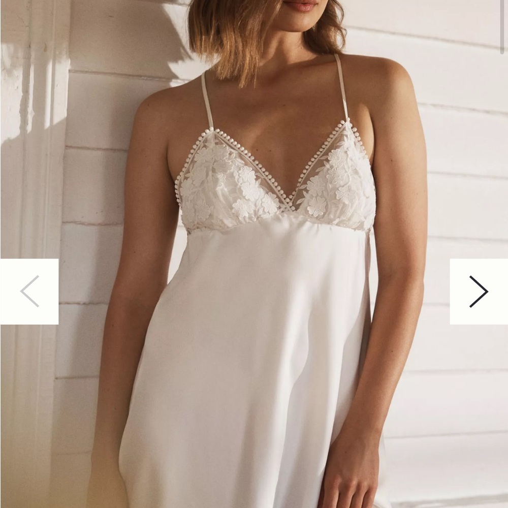 Anthropologie White Satin Chemise with Lace Trim